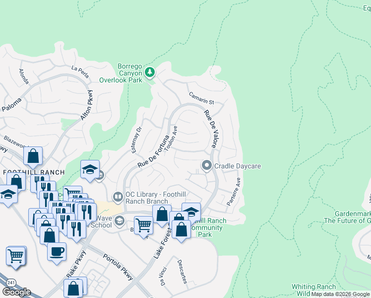 map of restaurants, bars, coffee shops, grocery stores, and more near 17 Avignon Avenue in Lake Forest