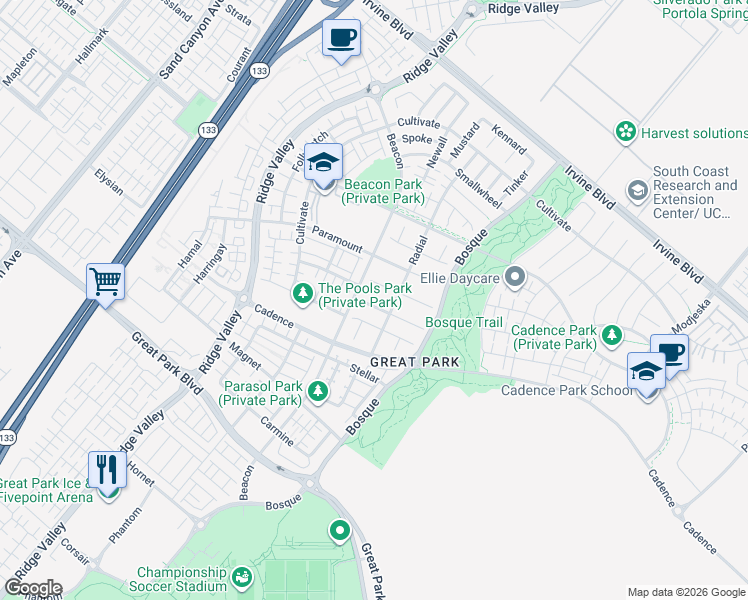 map of restaurants, bars, coffee shops, grocery stores, and more near 123 Calderon in Irvine