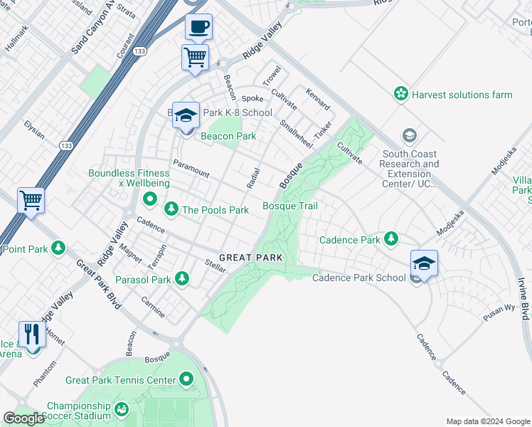 map of restaurants, bars, coffee shops, grocery stores, and more near 101 Cruiser in Irvine