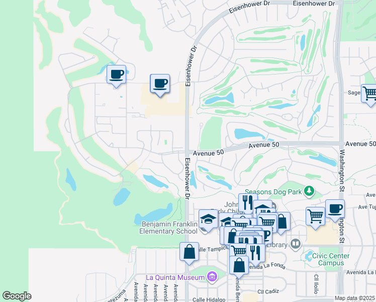map of restaurants, bars, coffee shops, grocery stores, and more near Avenue 50 & Eisenhower Drive in La Quinta