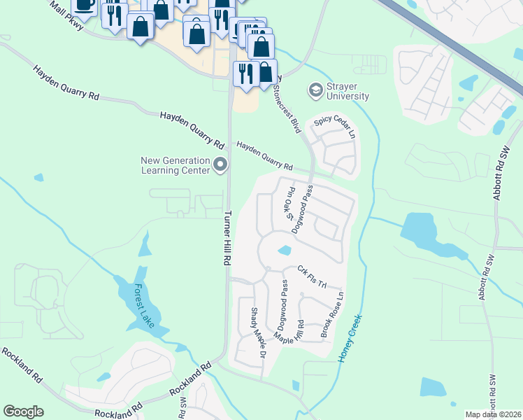 map of restaurants, bars, coffee shops, grocery stores, and more near 7789 White Oak Loop in Stonecrest