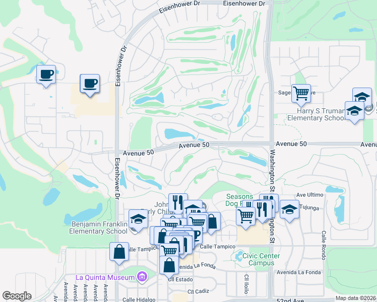 map of restaurants, bars, coffee shops, grocery stores, and more near 78200 Calle Norte in La Quinta