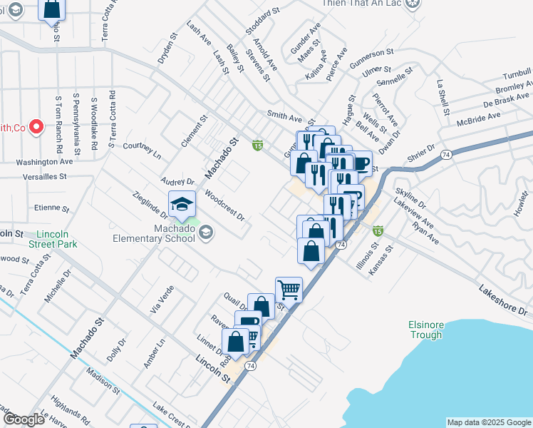 map of restaurants, bars, coffee shops, grocery stores, and more near 16500 Badalona Street in Lake Elsinore