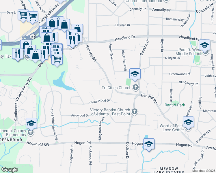 map of restaurants, bars, coffee shops, grocery stores, and more near 2784 Ben Hill Rd in East Point