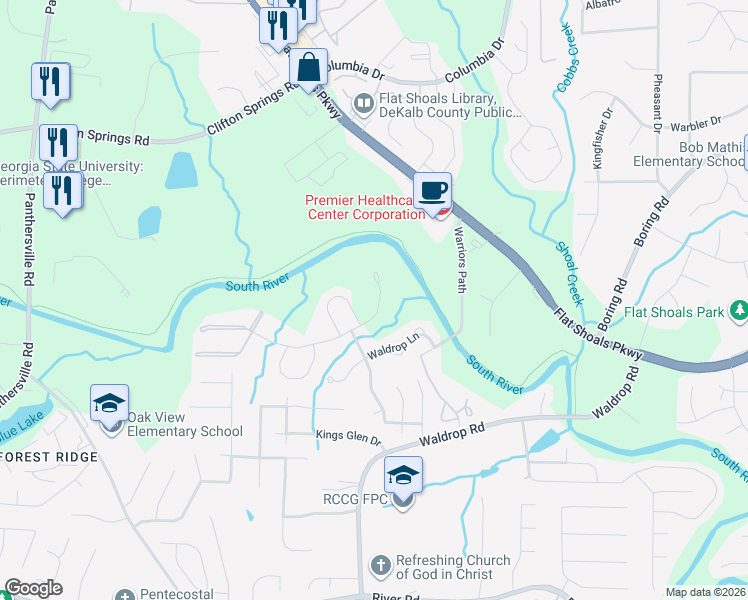 map of restaurants, bars, coffee shops, grocery stores, and more near 3355 Waldrop Trail in Decatur
