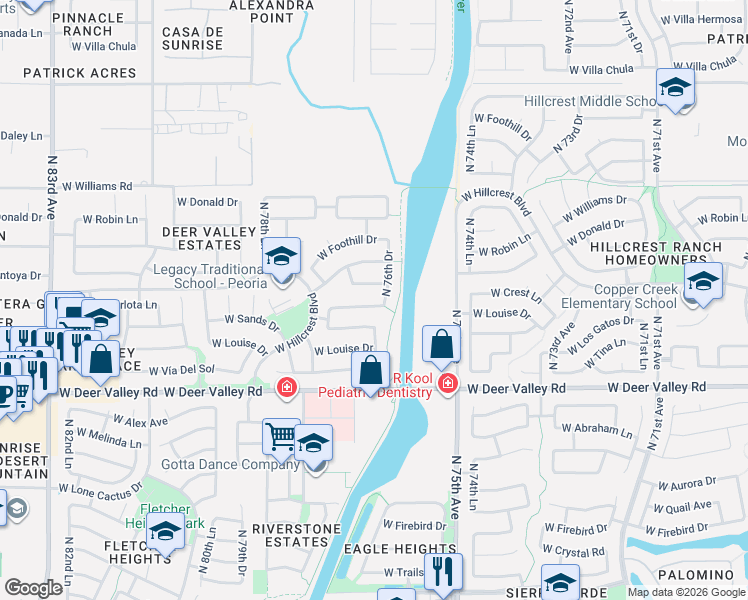 map of restaurants, bars, coffee shops, grocery stores, and more near 7654 West Angels Lane in Peoria
