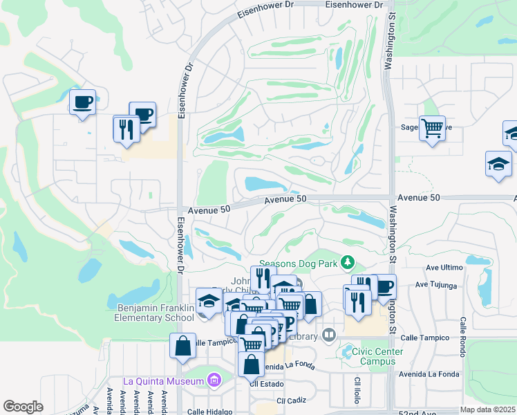 map of restaurants, bars, coffee shops, grocery stores, and more near 78009 Lago Drive in La Quinta