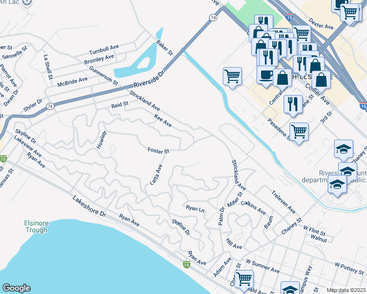 map of restaurants, bars, coffee shops, grocery stores, and more near 17857 Foster Street in Lake Elsinore