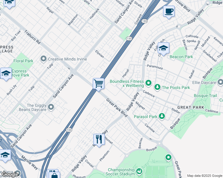 map of restaurants, bars, coffee shops, grocery stores, and more near Eastern Transportation Corridor in Irvine