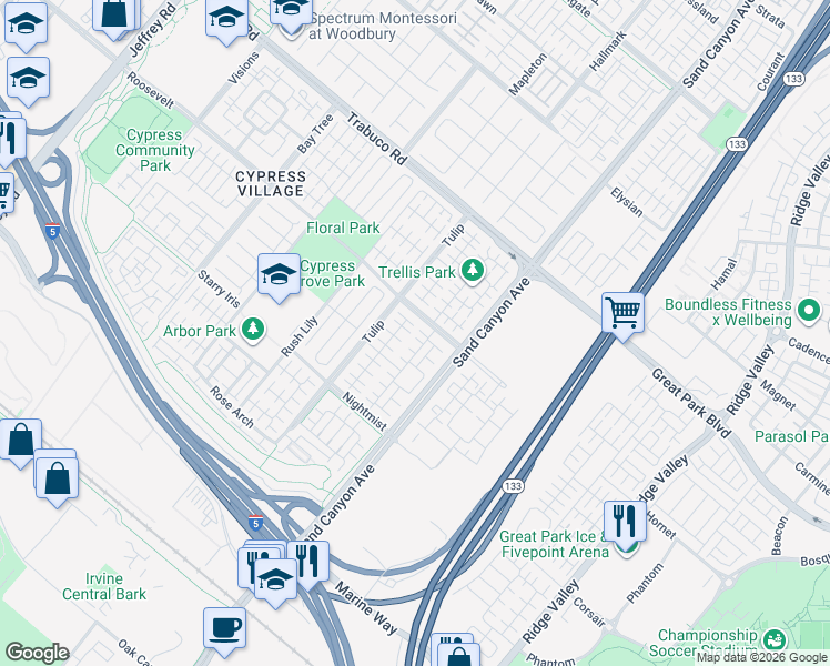 map of restaurants, bars, coffee shops, grocery stores, and more near 54 Field Poppy in Irvine