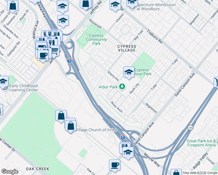 map of restaurants, bars, coffee shops, grocery stores, and more near 74 Strawberry Grove in Irvine