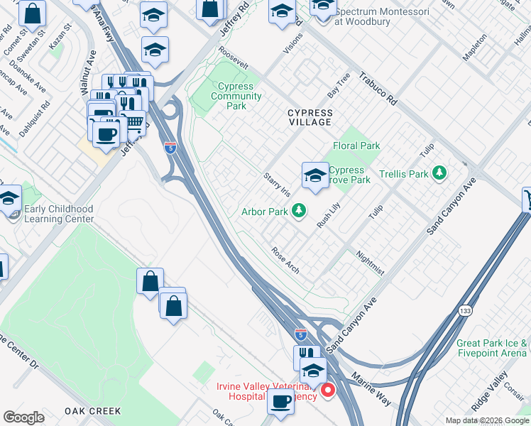 map of restaurants, bars, coffee shops, grocery stores, and more near 74 Strawberry Grove in Irvine