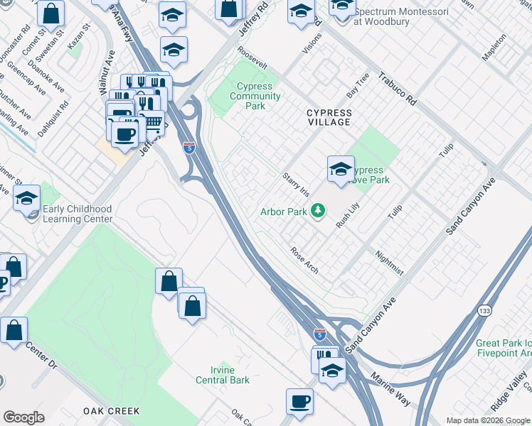 map of restaurants, bars, coffee shops, grocery stores, and more near 2133 Pendio in Irvine