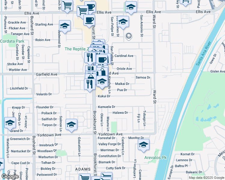 map of restaurants, bars, coffee shops, grocery stores, and more near 10172 Maikai Drive in Huntington Beach