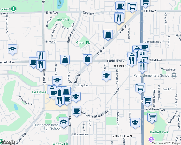 map of restaurants, bars, coffee shops, grocery stores, and more near 19031 Huntington Street in Huntington Beach