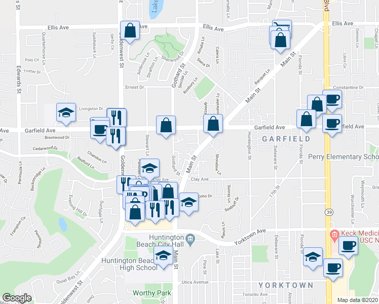 map of restaurants, bars, coffee shops, grocery stores, and more near 7330 Berry Court in Huntington Beach