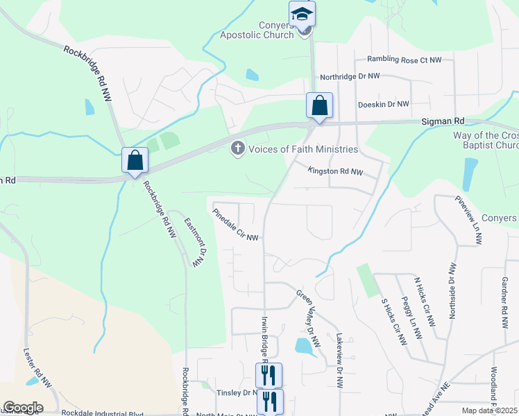 map of restaurants, bars, coffee shops, grocery stores, and more near 1258 Pinedale Circle Northwest in Conyers