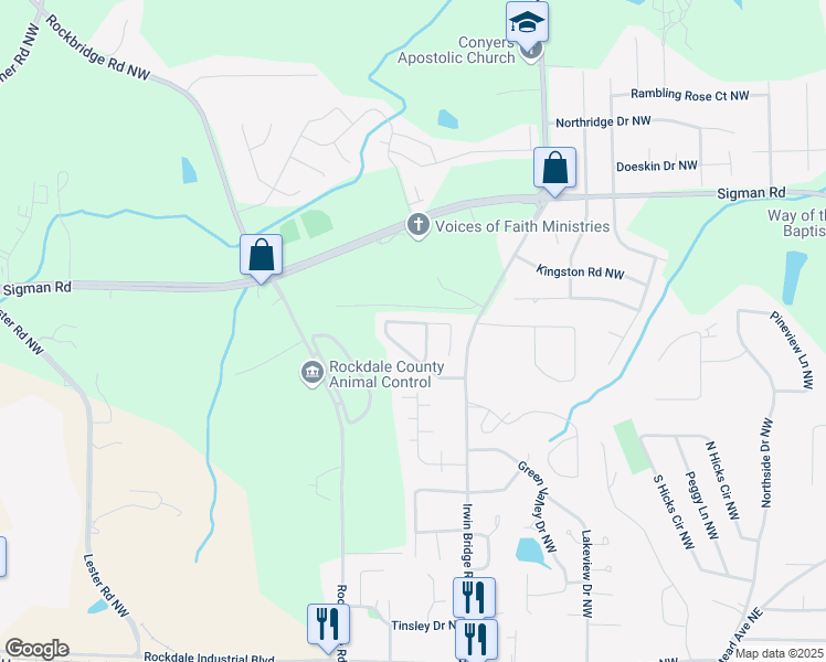 map of restaurants, bars, coffee shops, grocery stores, and more near 1225 Pinedale Circle Northwest in Conyers