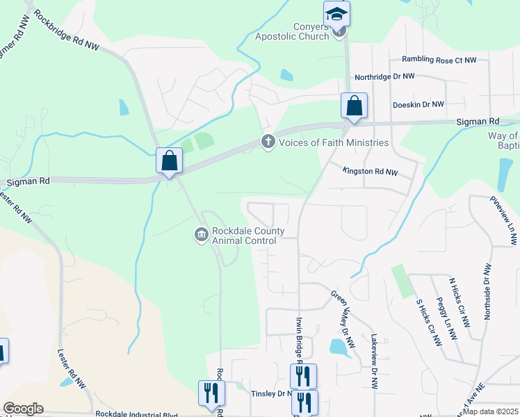 map of restaurants, bars, coffee shops, grocery stores, and more near 1221 Pinedale Circle Northwest in Conyers