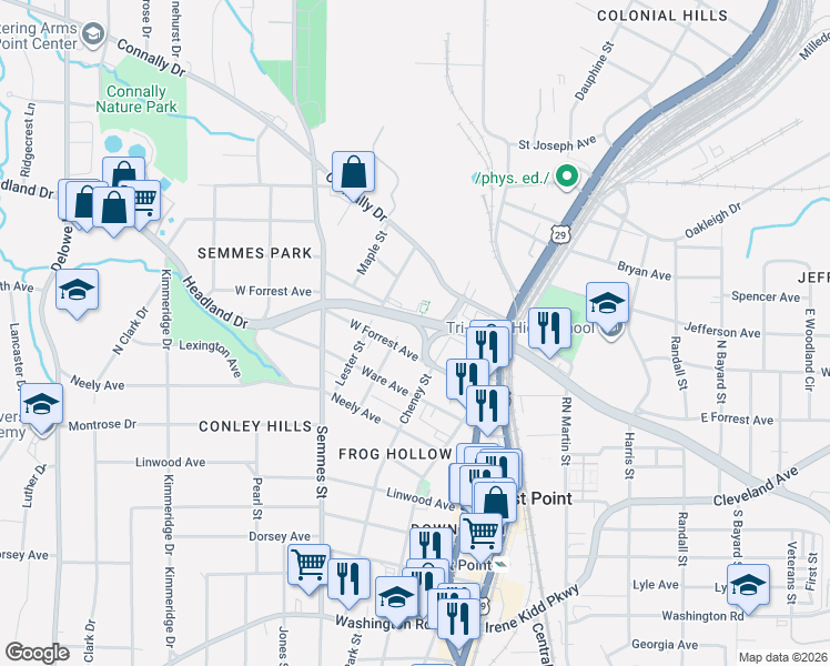 map of restaurants, bars, coffee shops, grocery stores, and more near 16850 Spring Avenue in East Point