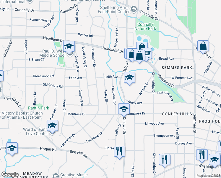 map of restaurants, bars, coffee shops, grocery stores, and more near 2587 Lancaster Drive in East Point