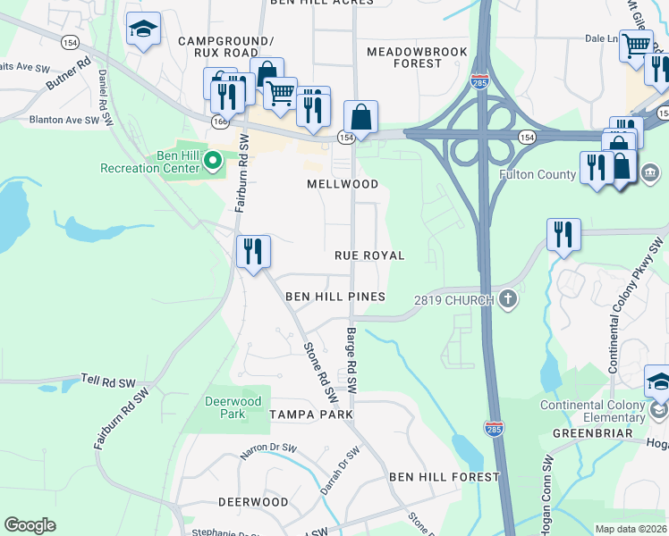 map of restaurants, bars, coffee shops, grocery stores, and more near 2536 Susan Lane Southwest in Atlanta