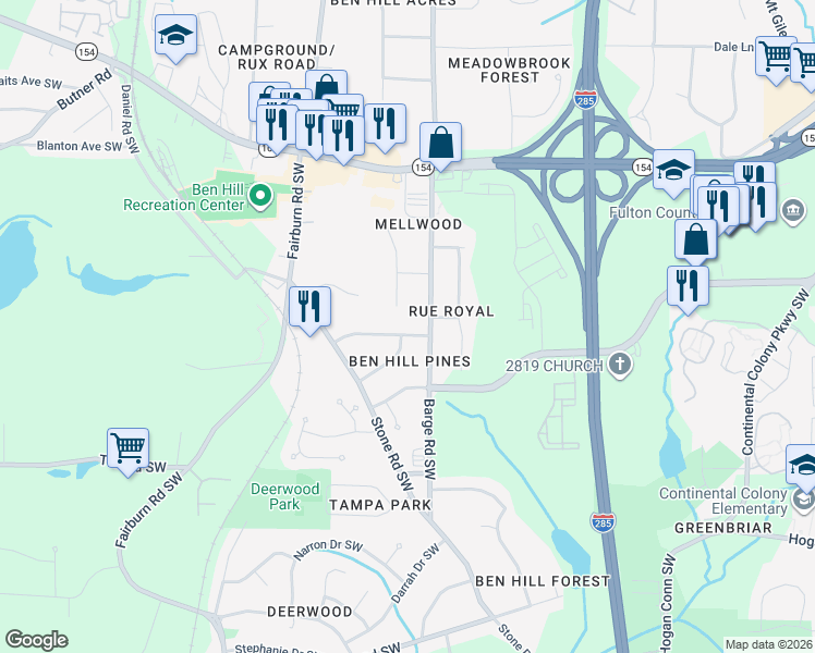 map of restaurants, bars, coffee shops, grocery stores, and more near 2536 Susan Lane Southwest in Atlanta