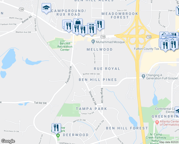 map of restaurants, bars, coffee shops, grocery stores, and more near 2543 Susan Lane Southwest in Atlanta