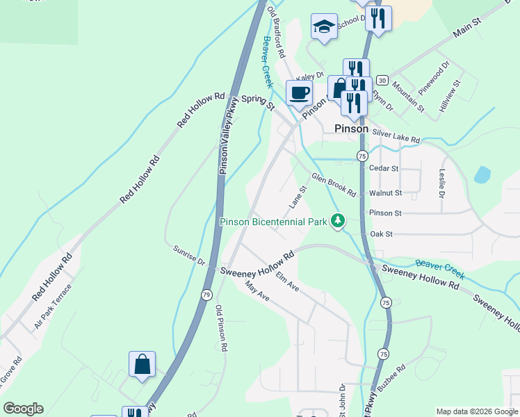 map of restaurants, bars, coffee shops, grocery stores, and more near 4156 Main Street in Pinson