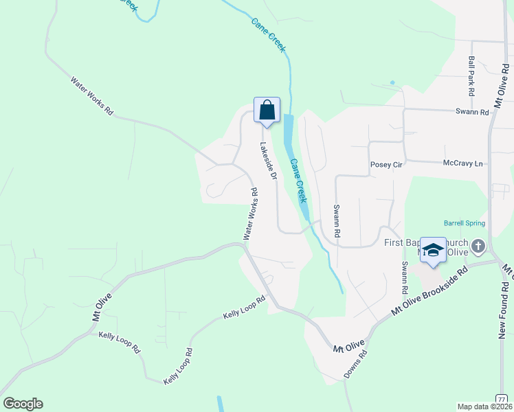map of restaurants, bars, coffee shops, grocery stores, and more near 6456 Water Works Road in Mount Olive