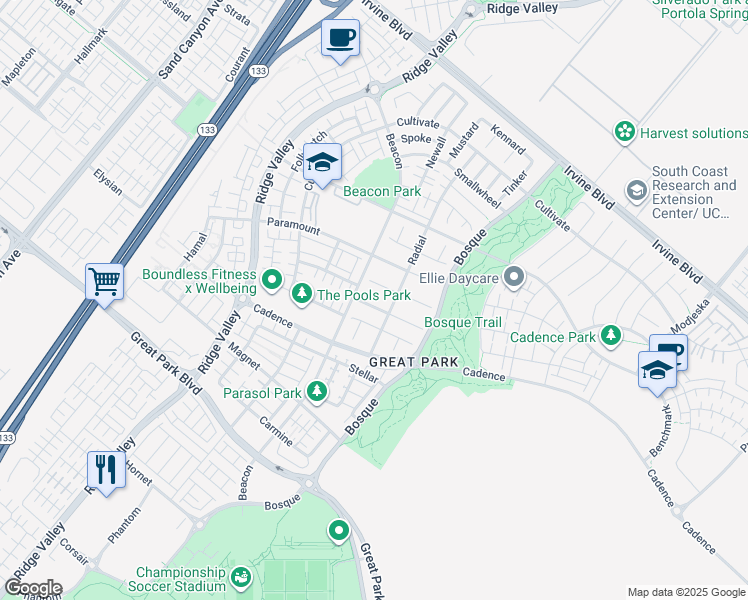 map of restaurants, bars, coffee shops, grocery stores, and more near 123 Calderon in Irvine