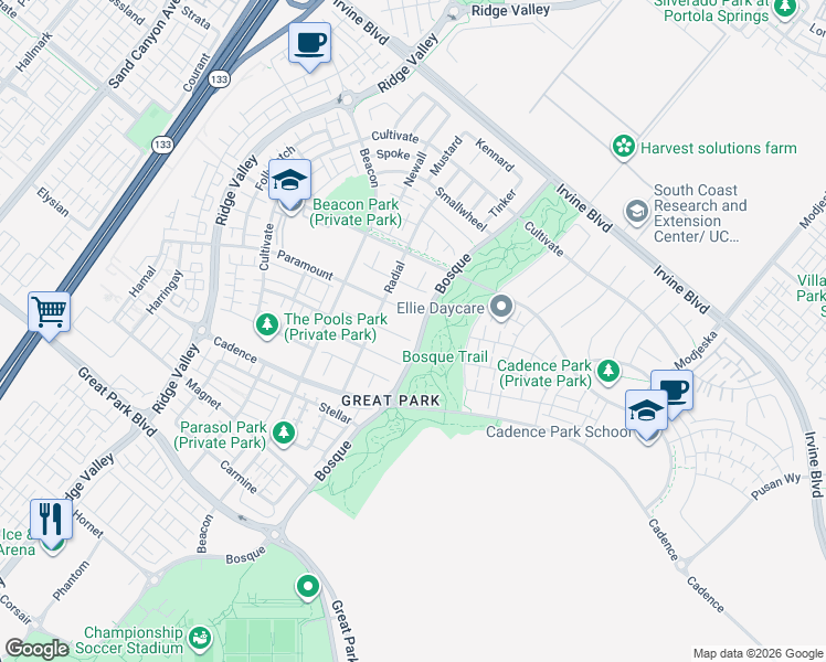 map of restaurants, bars, coffee shops, grocery stores, and more near 101 Cruiser in Irvine
