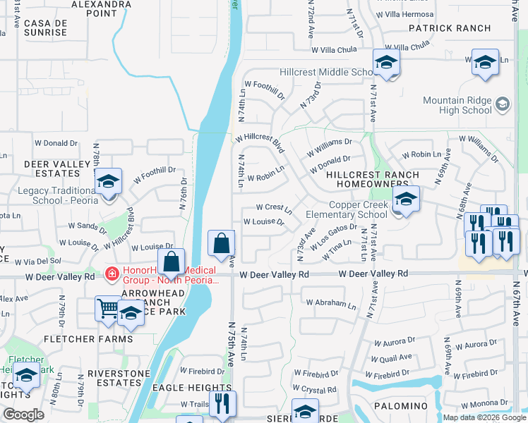map of restaurants, bars, coffee shops, grocery stores, and more near 7436 West Crest Lane in Glendale