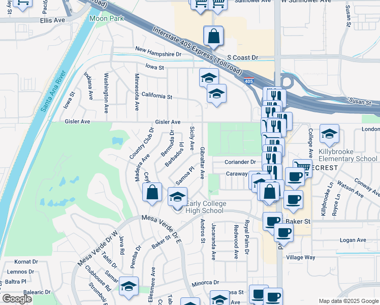 map of restaurants, bars, coffee shops, grocery stores, and more near 3145 Sicily Avenue in Costa Mesa