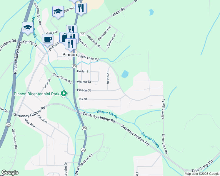 map of restaurants, bars, coffee shops, grocery stores, and more near 6201 Leslie Drive in Pinson
