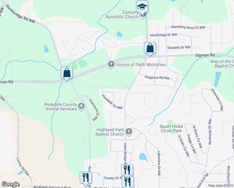 map of restaurants, bars, coffee shops, grocery stores, and more near 1249 Pinedale Circle Northwest in Conyers