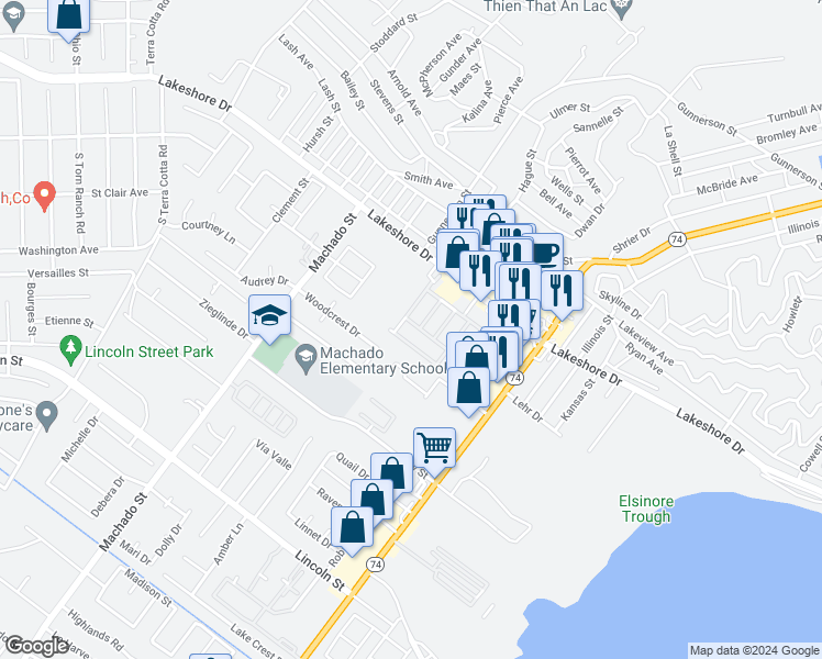 map of restaurants, bars, coffee shops, grocery stores, and more near 16505 Sedona Street in Lake Elsinore
