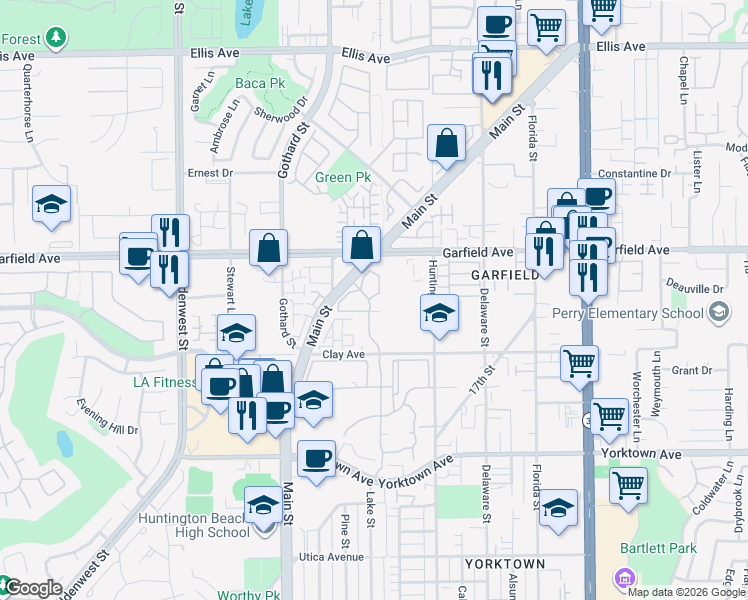map of restaurants, bars, coffee shops, grocery stores, and more near 19031 Huntington Street in Huntington Beach