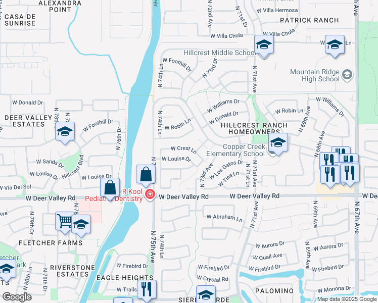 map of restaurants, bars, coffee shops, grocery stores, and more near 7436 West Crest Lane in Glendale