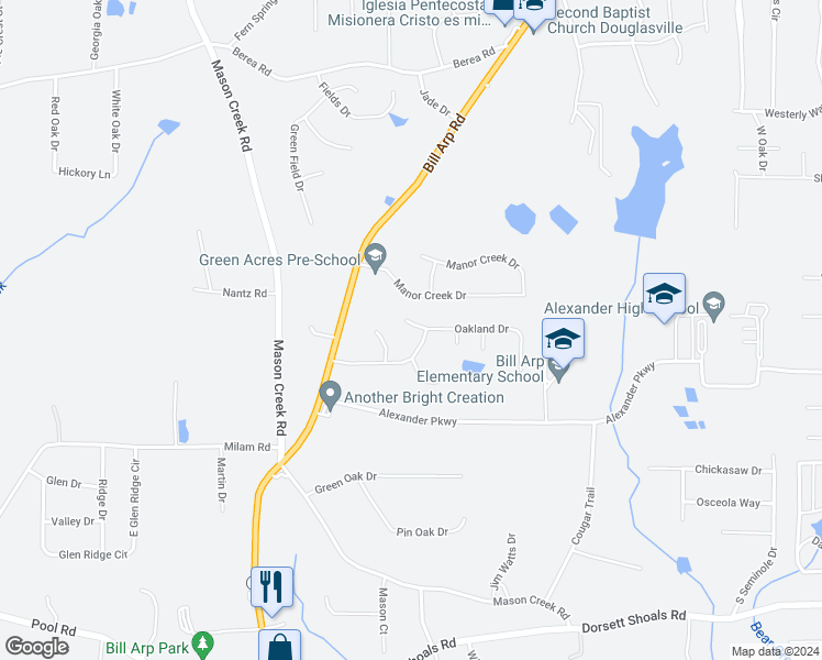 map of restaurants, bars, coffee shops, grocery stores, and more near 6855 Oakland Drive in Douglasville