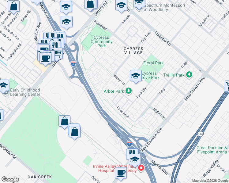 map of restaurants, bars, coffee shops, grocery stores, and more near 74 Strawberry Grove in Irvine
