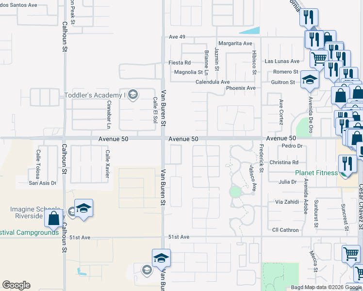 map of restaurants, bars, coffee shops, grocery stores, and more near 84060 Avenue 50 in Coachella