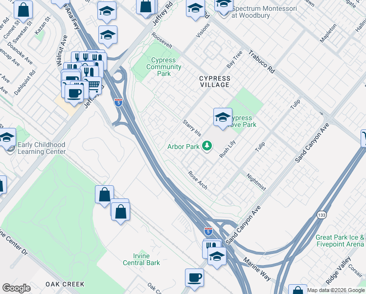 map of restaurants, bars, coffee shops, grocery stores, and more near 115 Painted Trellis in Irvine