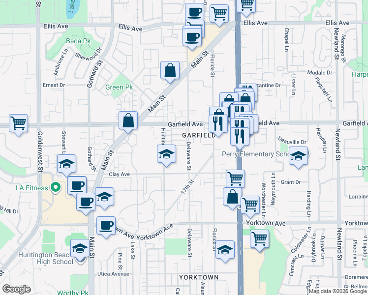 map of restaurants, bars, coffee shops, grocery stores, and more near 7652 Garfield Avenue in Huntington Beach