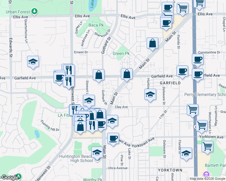 map of restaurants, bars, coffee shops, grocery stores, and more near 7330 Berry Court in Huntington Beach