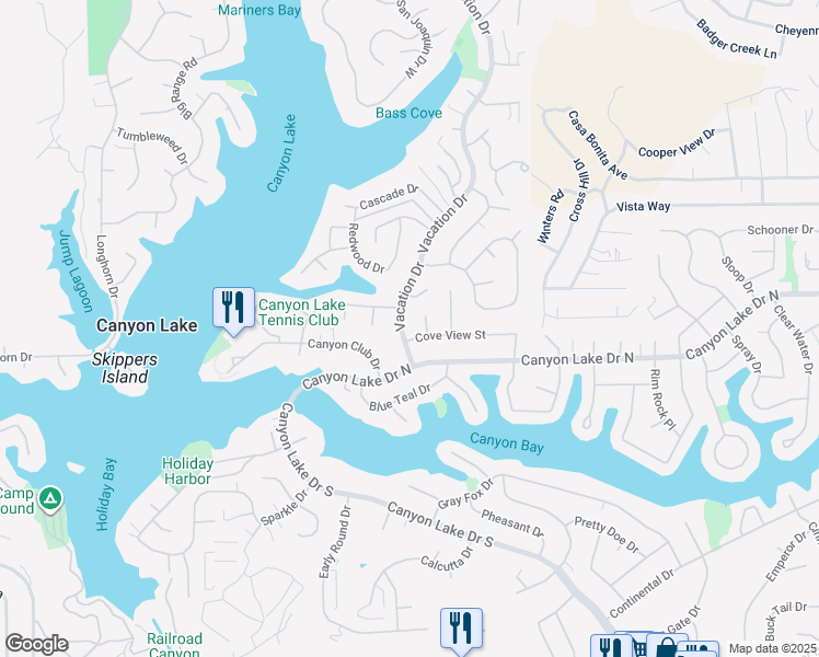 map of restaurants, bars, coffee shops, grocery stores, and more near 29971 Santana Court in Canyon Lake
