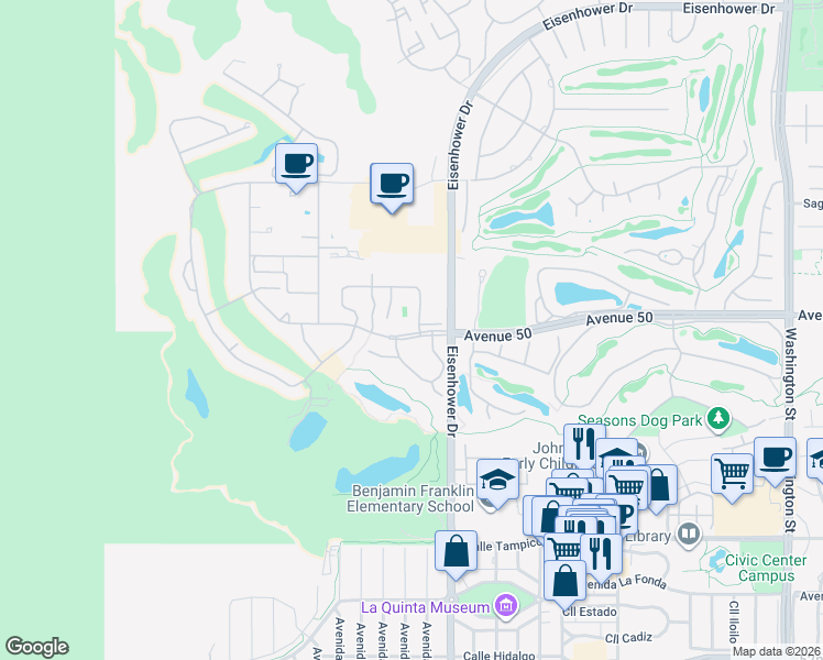 map of restaurants, bars, coffee shops, grocery stores, and more near 77731 Los Arboles Drive in La Quinta