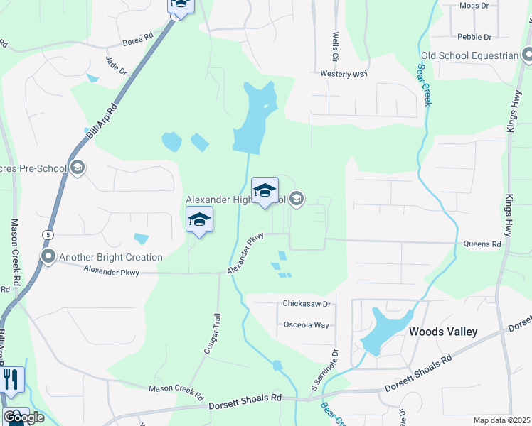 map of restaurants, bars, coffee shops, grocery stores, and more near 6500 Alexander Parkway in Douglasville