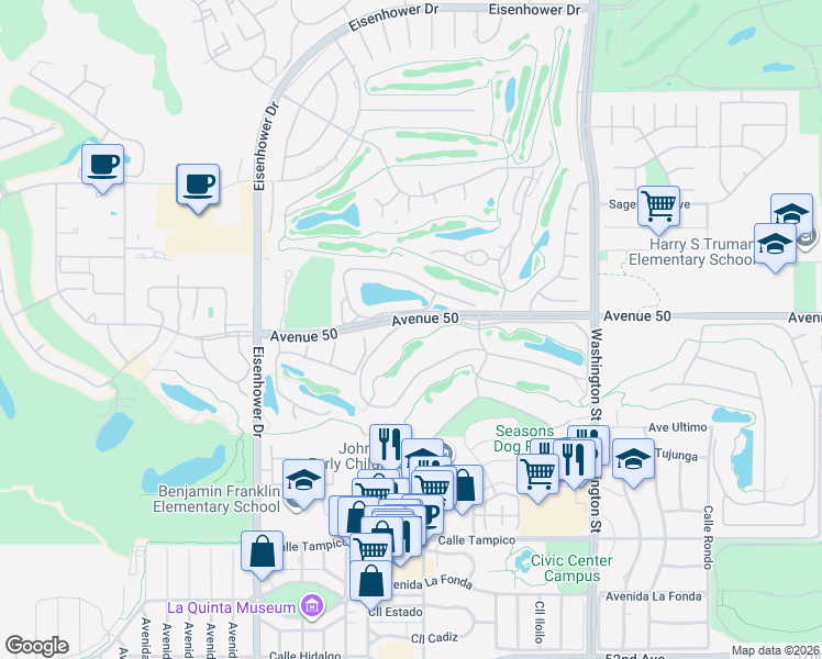map of restaurants, bars, coffee shops, grocery stores, and more near 78200 Calle Norte in La Quinta
