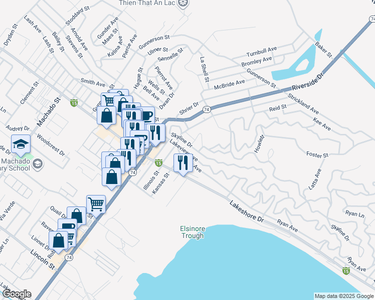 map of restaurants, bars, coffee shops, grocery stores, and more near Lakeview Avenue in Lake Elsinore